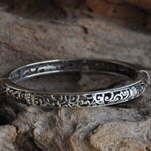 Brighton Viewpoint Hinged Bangle Bracelet Silver Filigree Crystal Cuff